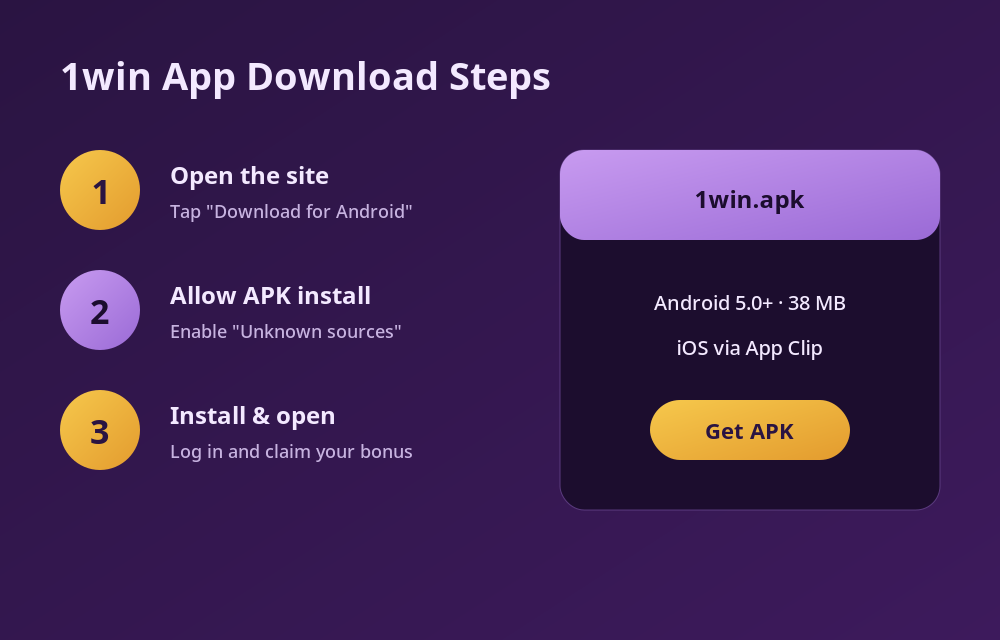 1win app download steps: open the site, allow APK install, then install and log in