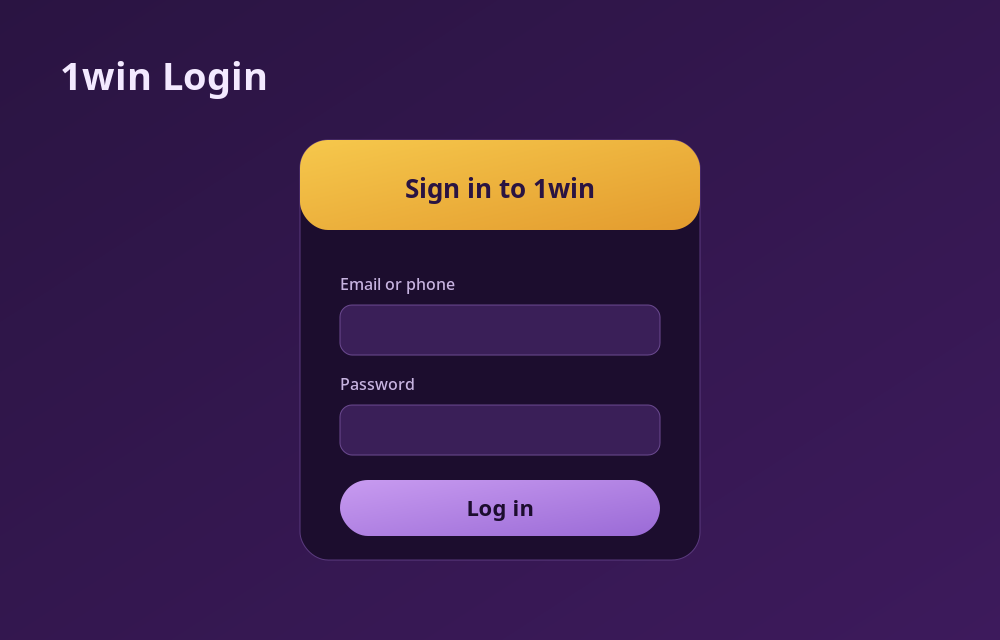 1win login screen with email or phone and password fields for signing in to your account